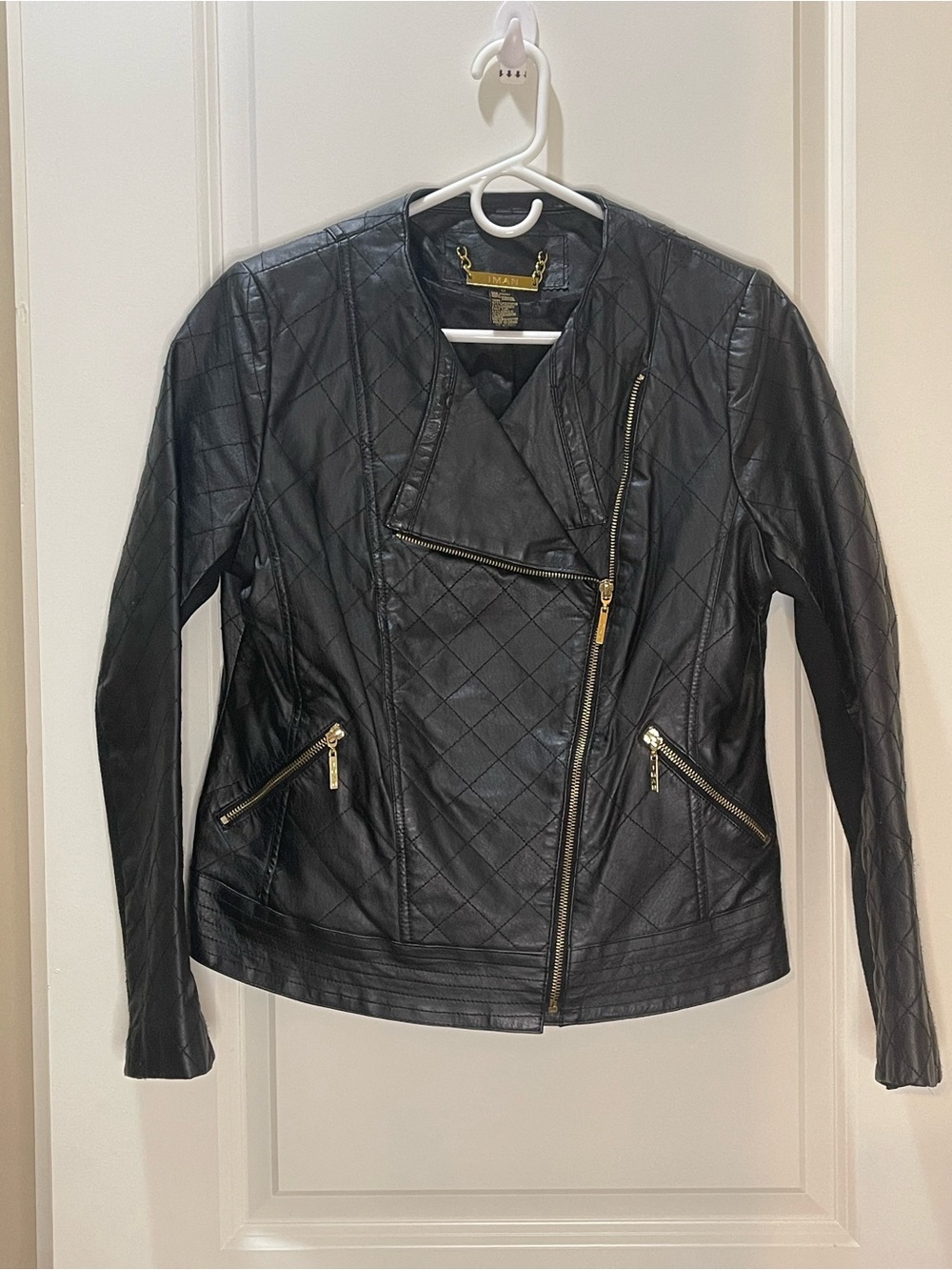 IMAN Vintage Black Quilted Moto Jacket Genuine Leather M